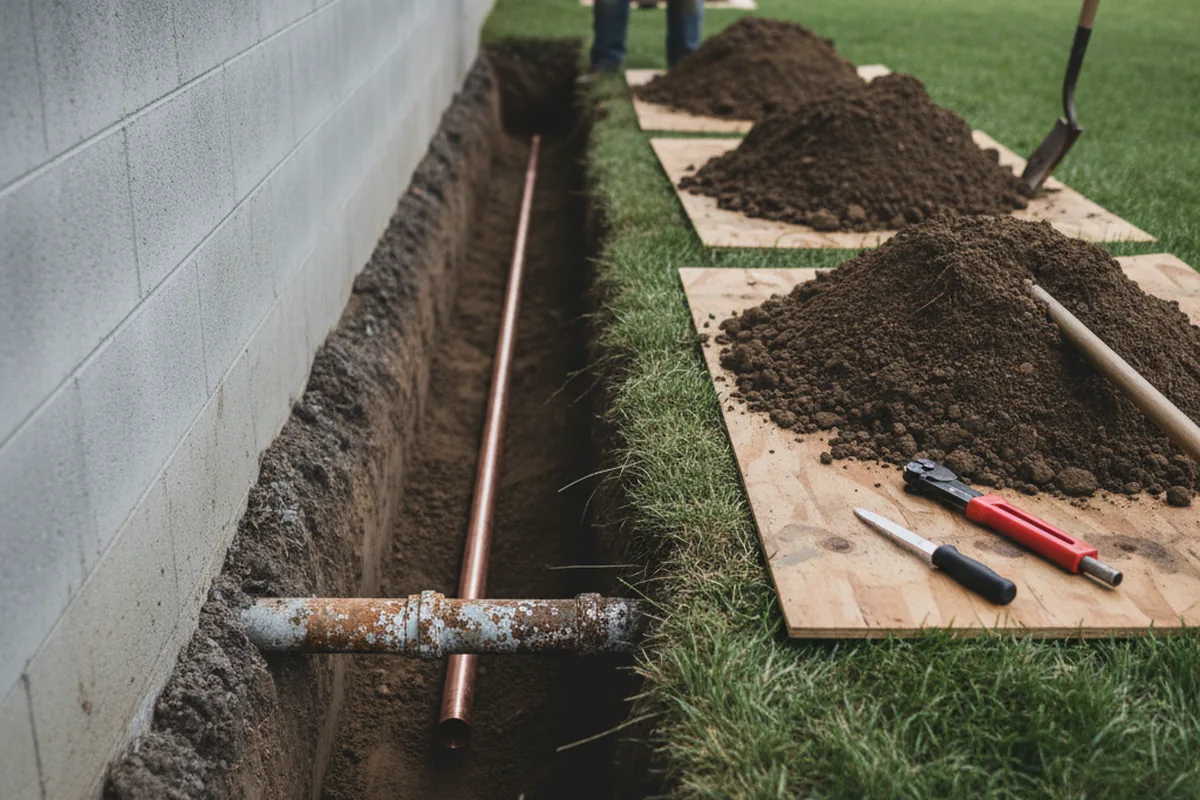 Excavated water line trench during Sewer Line Repair in Greenbank